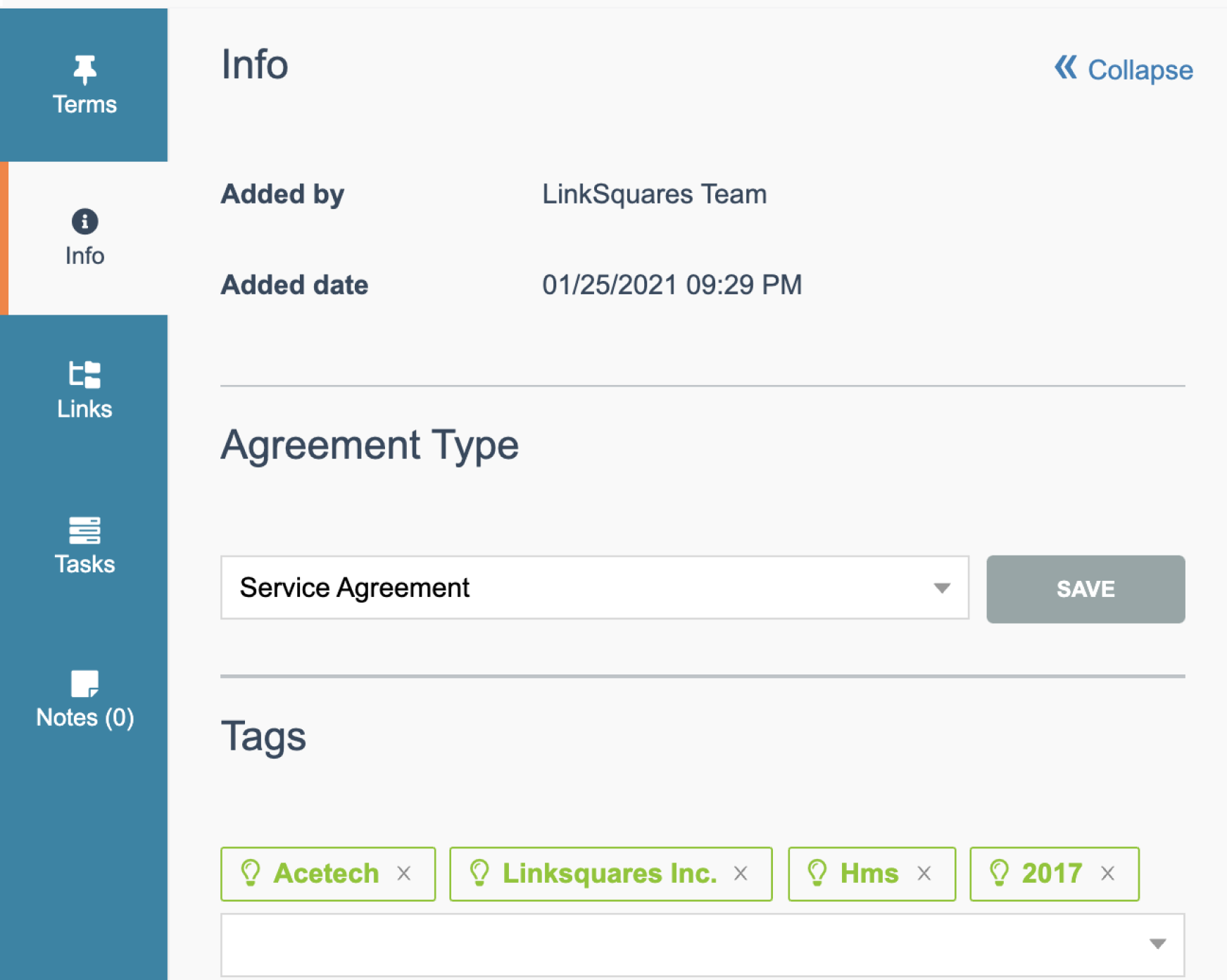 A screenshot of an agreement with metadata and information to keep teams organized